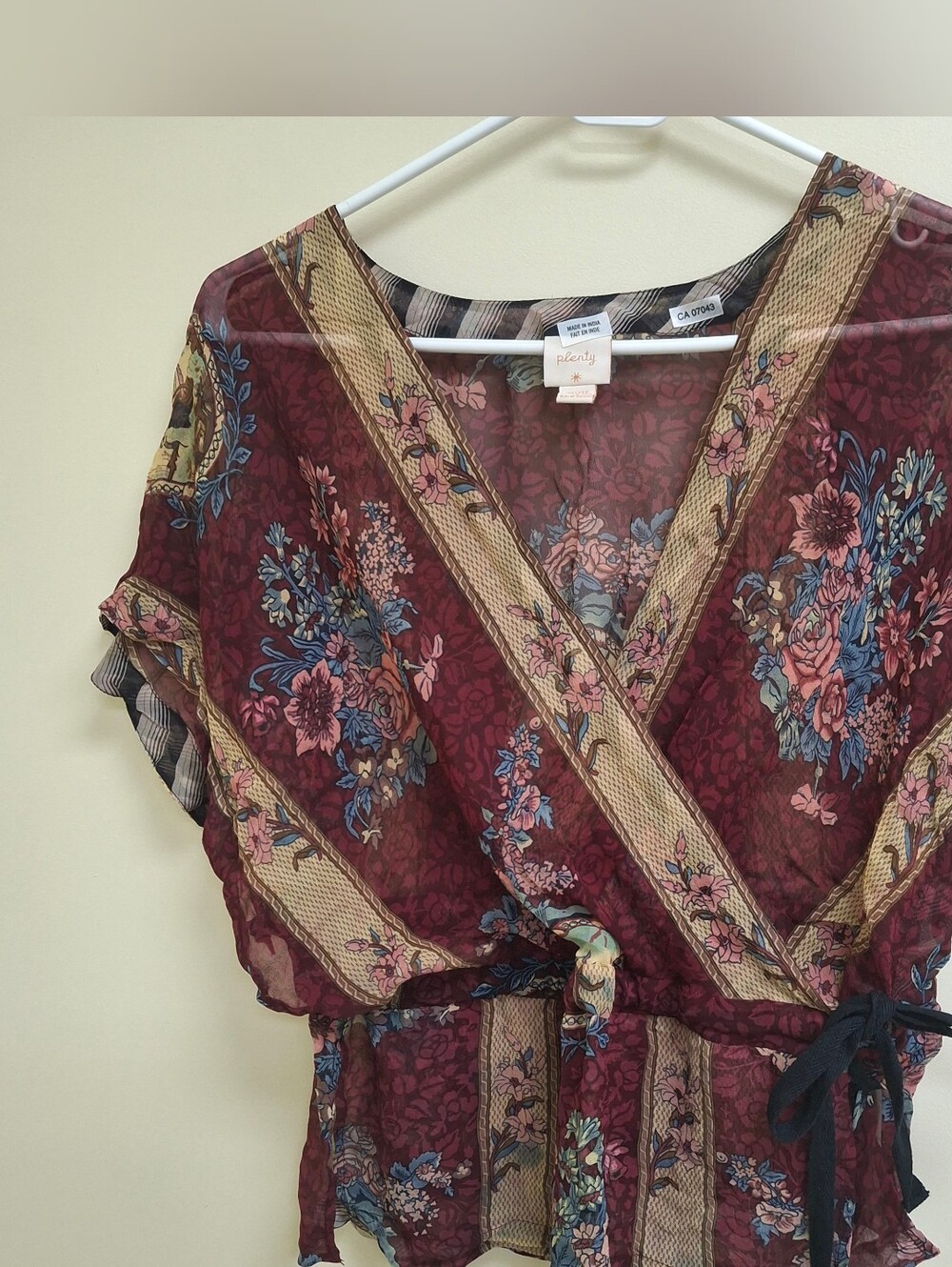 Plenty by Tracy Reese Burgundy Floral Wrap Blouse with Blue & Pink Accents